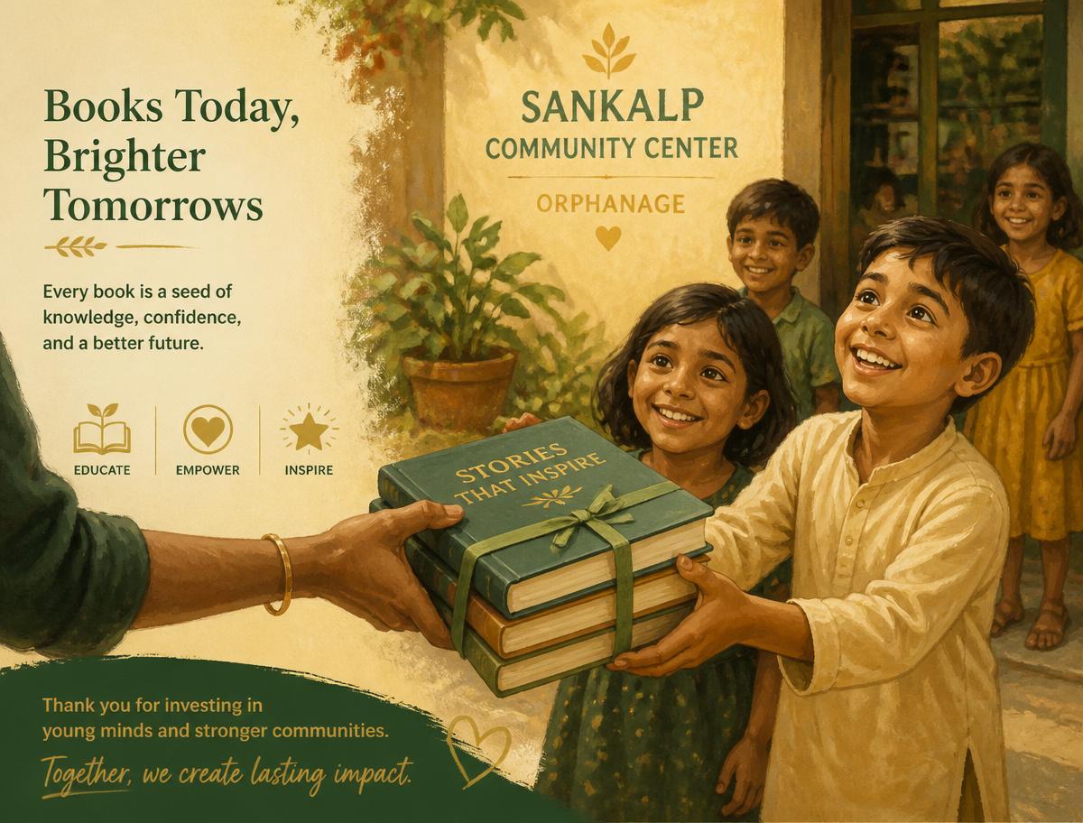 Books being donated to smiling children