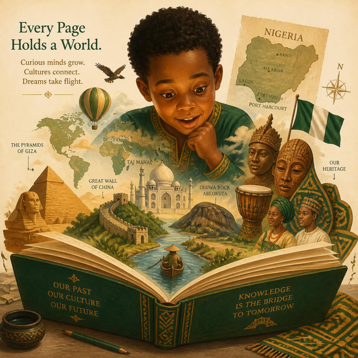 An open book revealing world wonders and Nigerian heritage